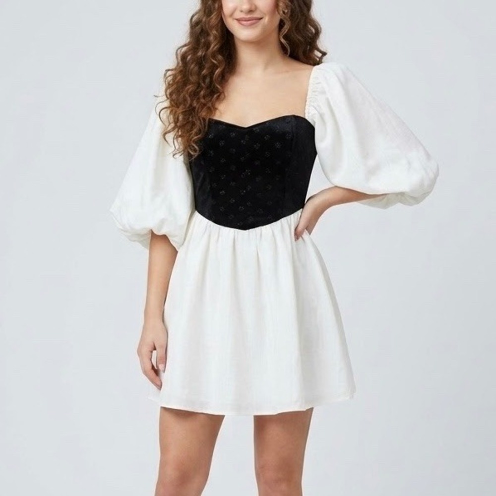 NEW For Love & Lemons Black White Velvet Polka Dot Puff Sleeve Mini Dress XS